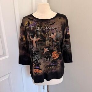 Y2K BLACK STUDIO GEM HALLOWEEN THEMED ALL OVER PRINT 3/4 SLEEVE TOP